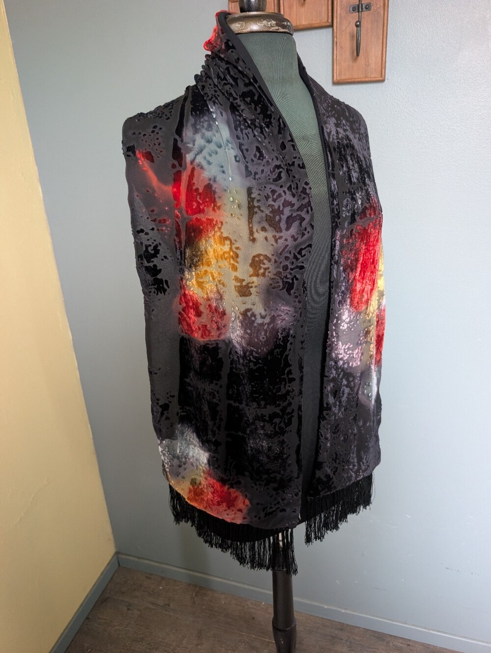 Velvet Floral Burnout Fringe Shawl - Black with Red & Gold Accents